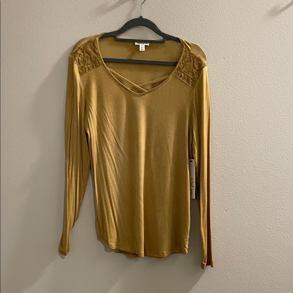Crisscross V-Neck Long Sleeve Top with Lace Shoulder Detail - Mustard